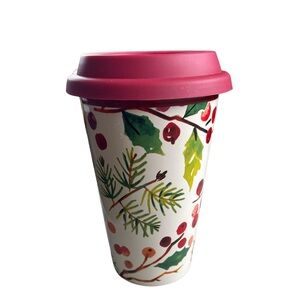 Longaberger Pottery Holly Berry Holiday Travel Cup W/Silicone Lid, *Discontinued
